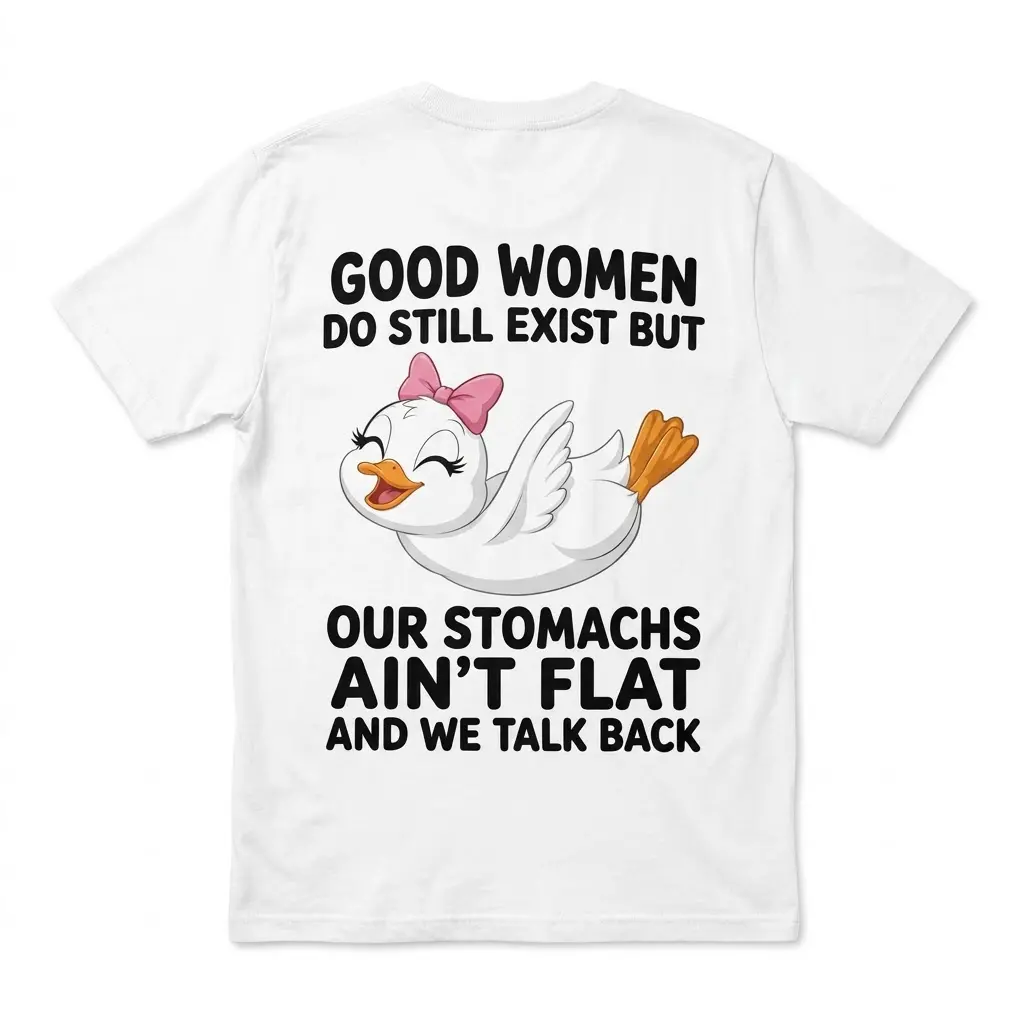 Back flat lay of a white Good Women Still Exist shirt with a cute cartoon duck graphic and sassy text.