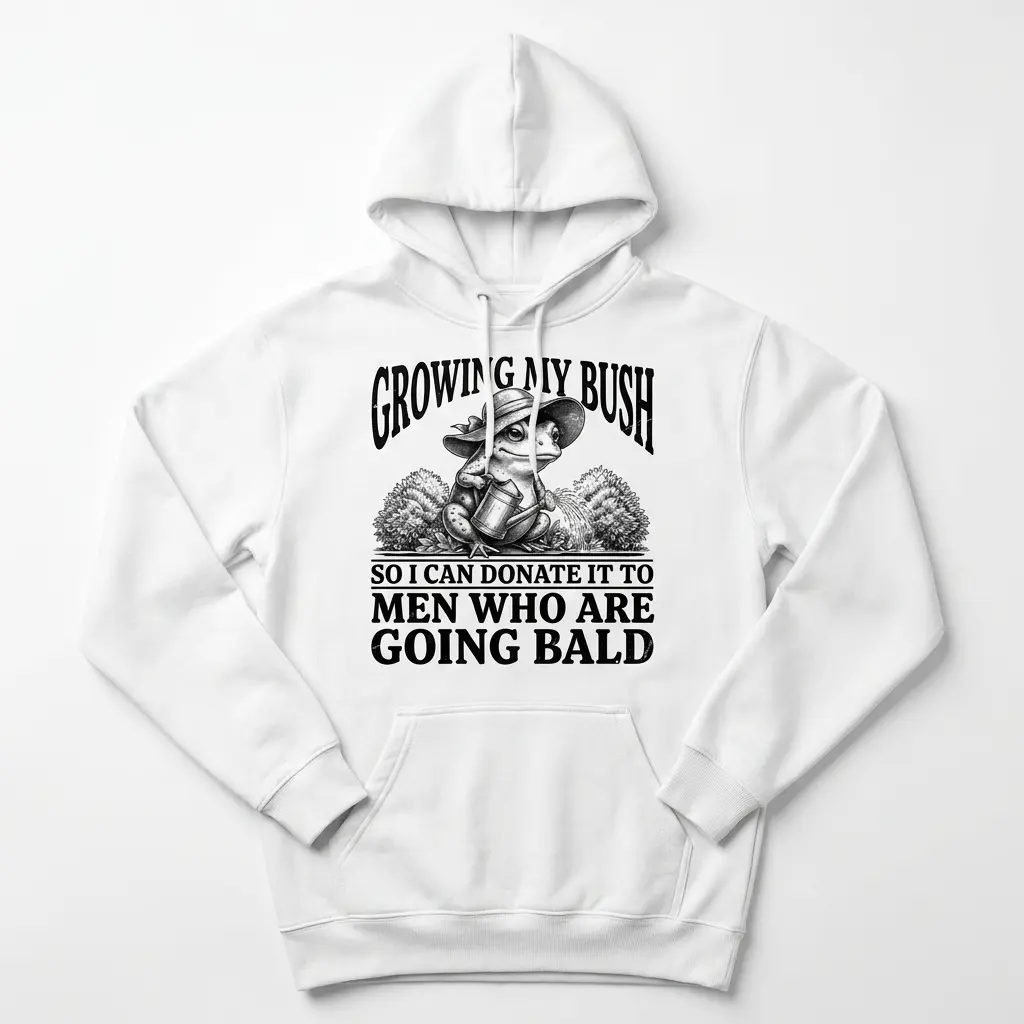 Front flat lay view of a hoodie featuring the vintage gardening frog illustration and humorous text for bald men.