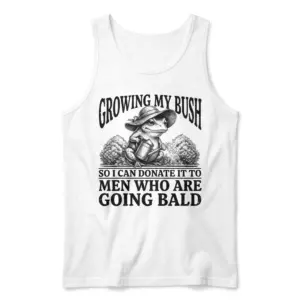 Growing My Bush For Bald Men Vintage Frog T-Shirt 8 Flat lay view of a tank top showcasing the vintage frog gardener design with the 'Growing My Bush' quote.