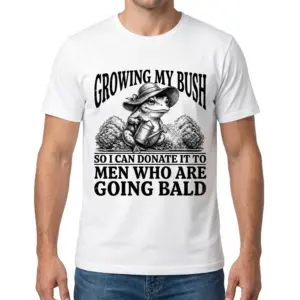 Growing My Bush For Bald Men Vintage Frog T-Shirt 9 A male model wearing the growing my bush frog shirt printed with the vintage illustrated frog holding a watering can.