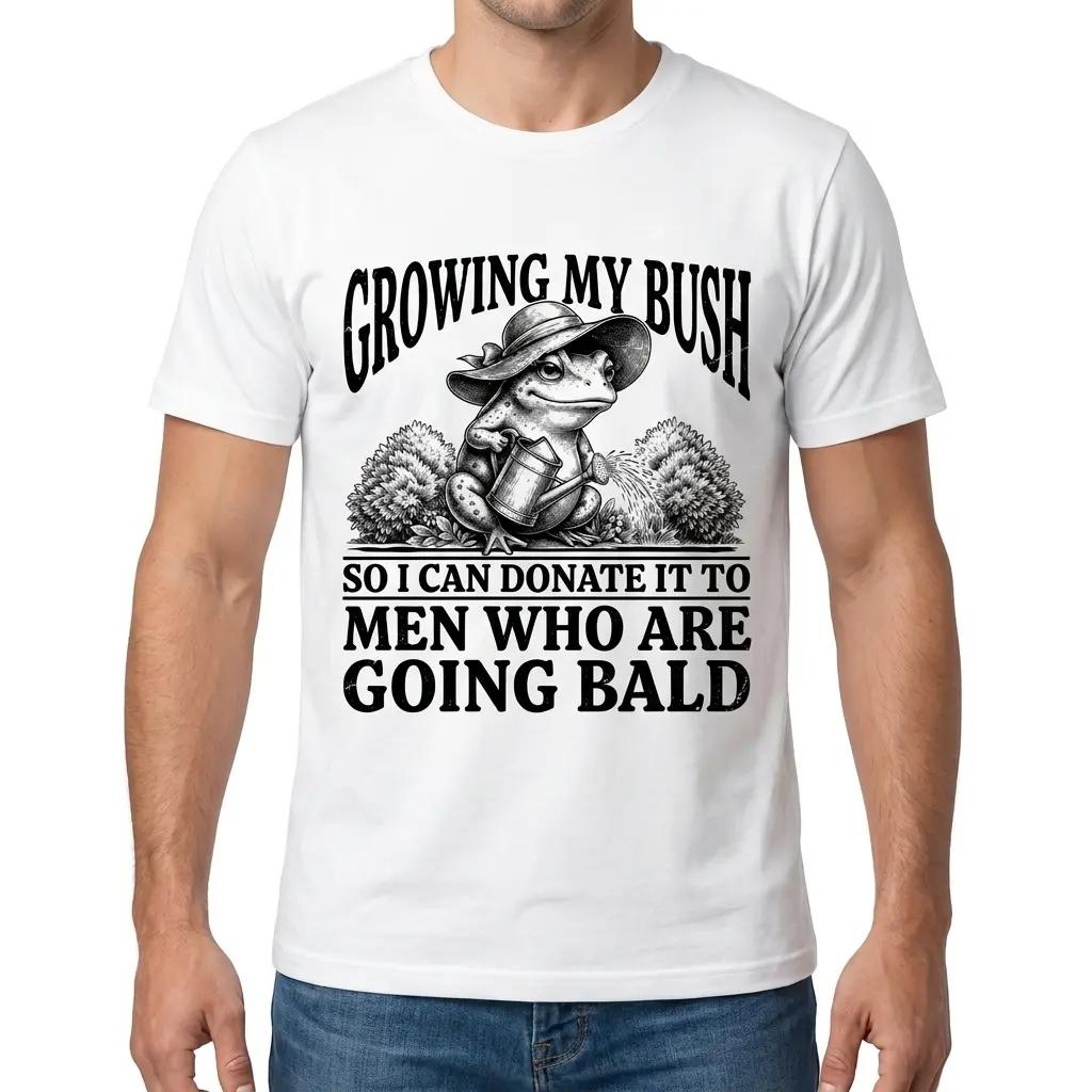 A male model wearing the growing my bush frog shirt printed with the vintage illustrated frog holding a watering can.