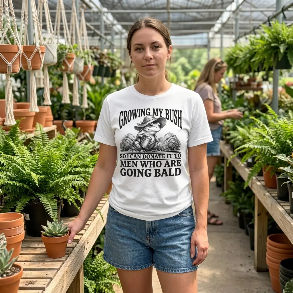 The vintage gardening frog graphic tee shown worn in a relaxed lifestyle setting.