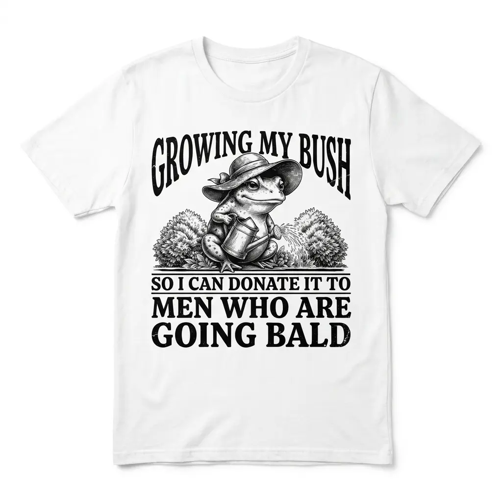 Growing My Bush Frog Shirt ? white flat lay tee showing a vintage gardener frog watering shrubs with Donate It To Men Who Are Going Bald text