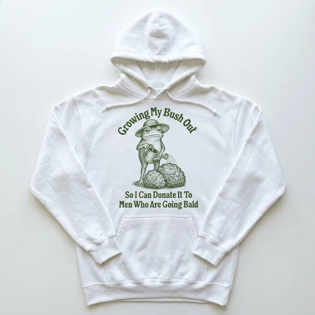 Green frog bald men bush slogan hoodie, front flatlay view showing full chest graphic