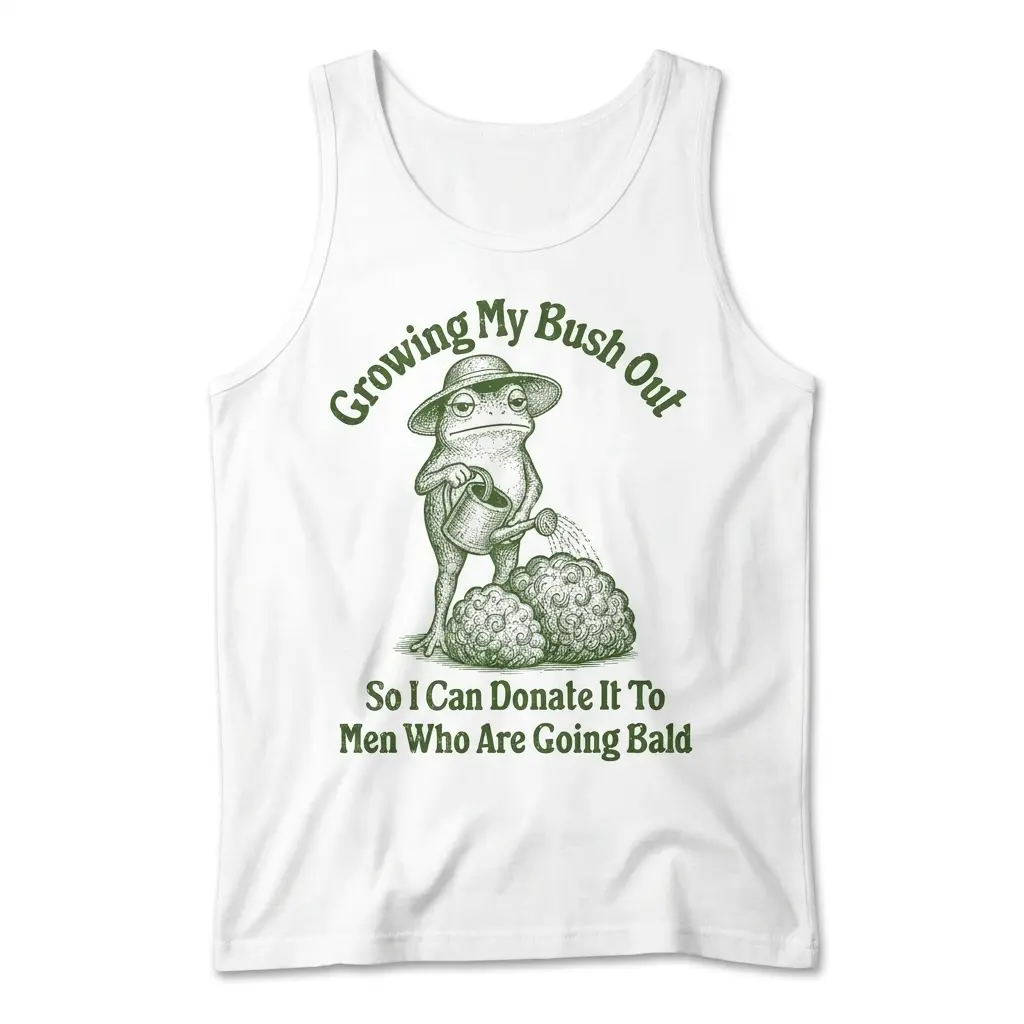 Tank top with green frog growing my bush out graphic, front flatlay view