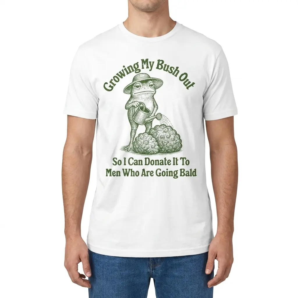 Male model wearing green frog growing my bush out t-shirt, front view showing chest graphic clearly
