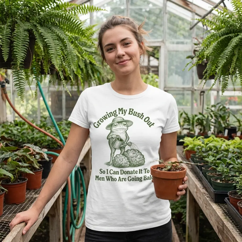 Lifestyle shot of green frog bald men humor t-shirt worn in a casual everyday setting