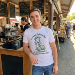 Growing My Bush Out For Bald Men Green Frog T-Shirt 11 Casual lifestyle image featuring the green frog slogan tee styled in a relaxed environment