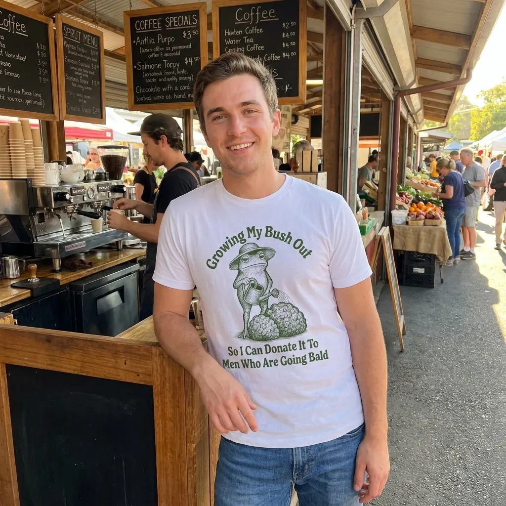 Casual lifestyle image featuring the green frog slogan tee styled in a relaxed environment