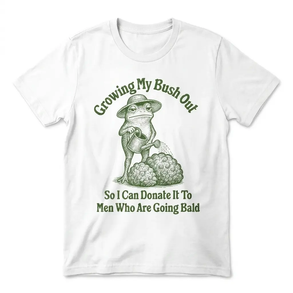 Green frog graphic t-shirt laid flat, front view, with humorous growing my bush out slogan for bald men
