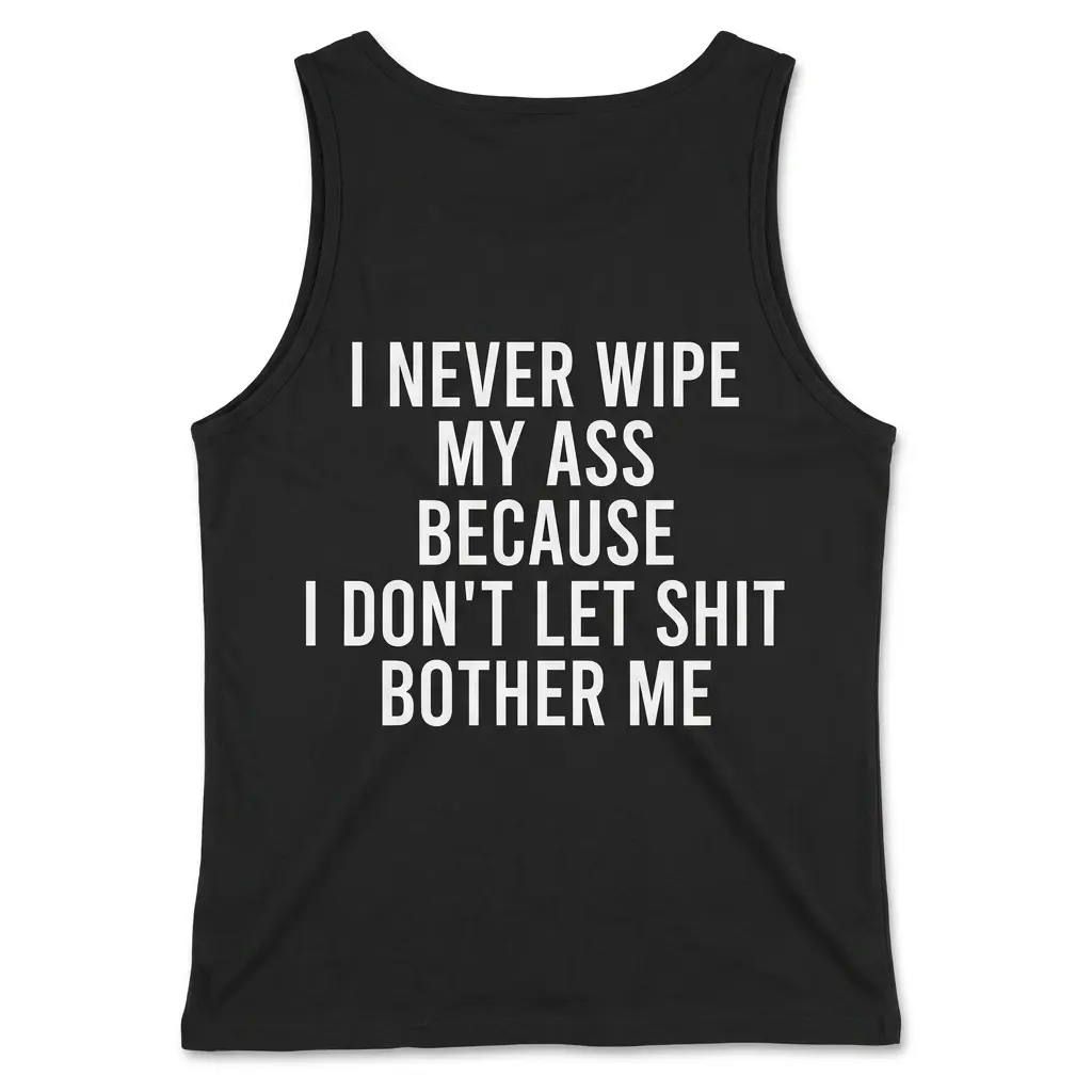 I Never Wipe My Ass Because I Don't Let Shit Bother Me T-Shirt 3 Black tank top back flatlay with I Never Wipe My Ass Don't Let Shit Bother Me typography