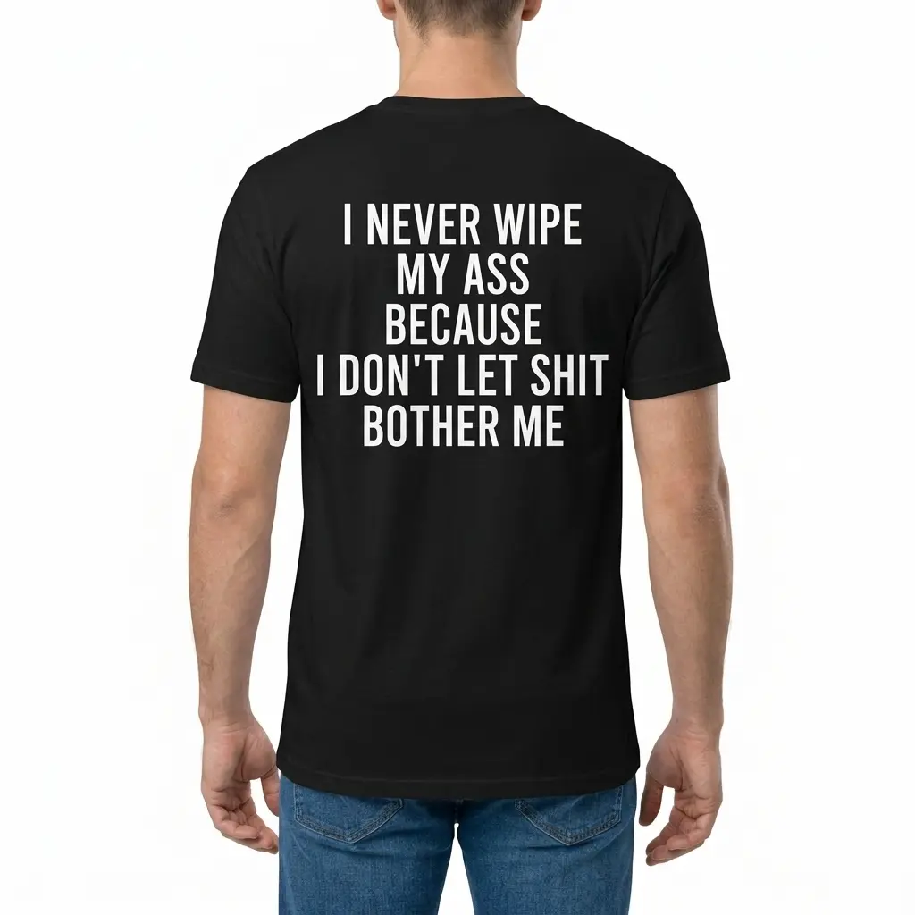 I Never Wipe My Ass Because I Don't Let Shit Bother Me T-Shirt 4 Male model wearing I Never Wipe My Ass Because I Don't Let Shit Bother Me T-Shirt back view