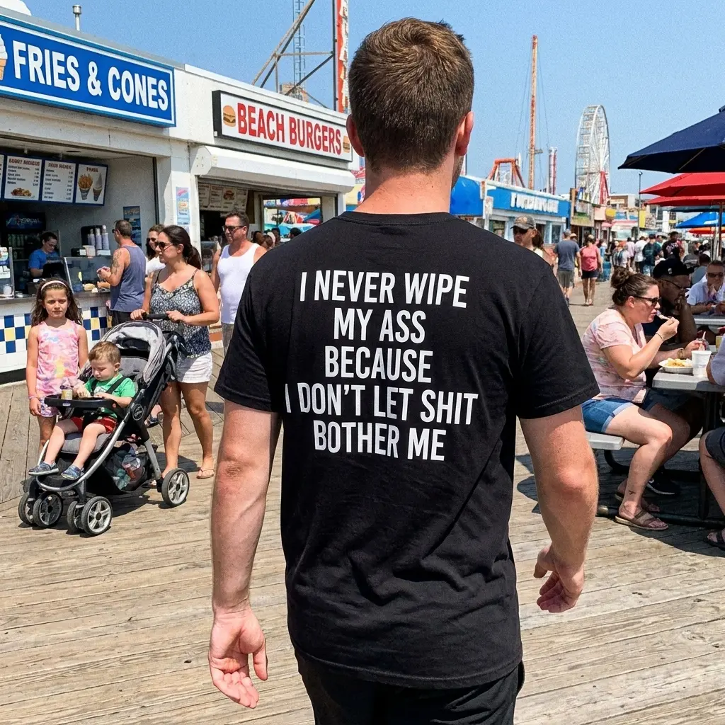 I Never Wipe My Ass Because I Don't Let Shit Bother Me T-Shirt 5 Casual back lifestyle shot of the I Never Wipe My Ass Don't Let Shit Bother Me funny tee