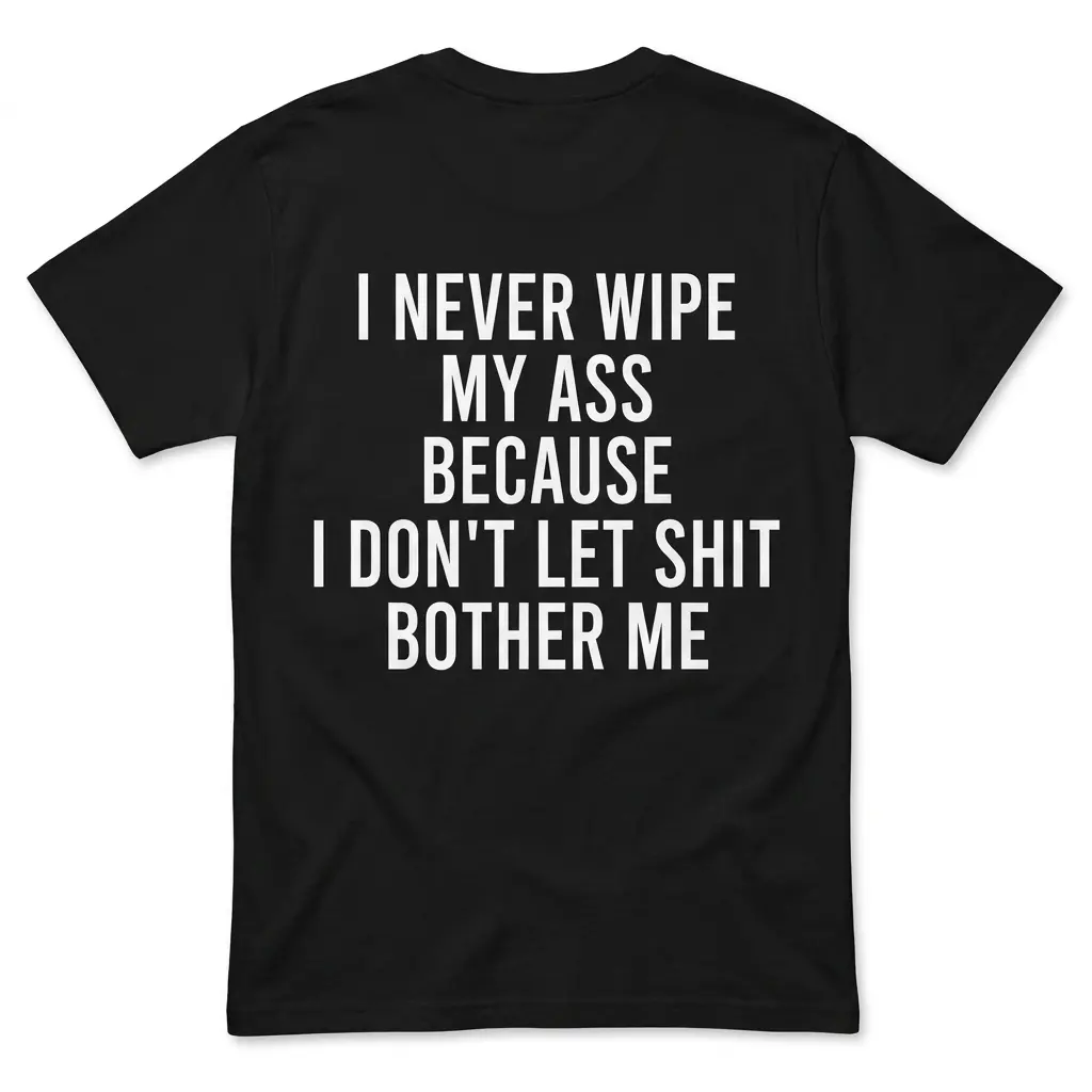 I Never Wipe My Ass Because I Don't Let Shit Bother Me T-Shirt 1 I Never Wipe My Ass Because I Don't Let Shit Bother Me T-Shirt back flatlay on black tee