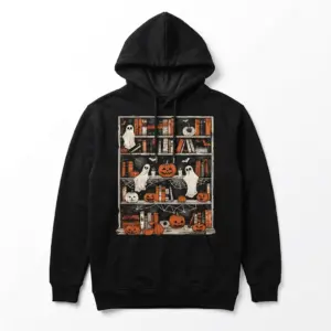 Halloween Ghost Pumpkin Bookshelf Spooky Reader T-Shirt 7 Black pullover hoodie flatlay featuring the Halloween ghost and carved pumpkin bookshelf illustration on the front chest