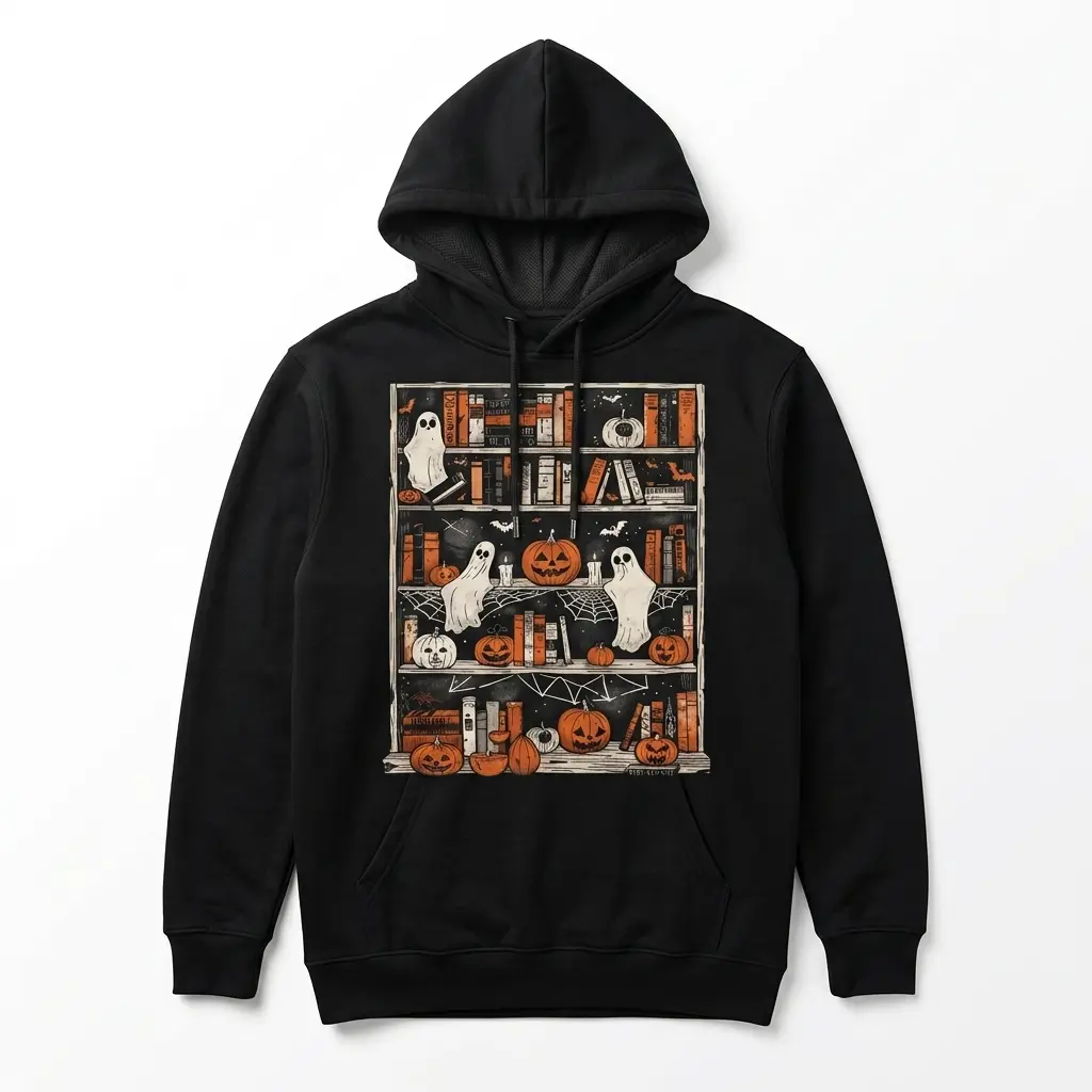 Halloween Ghost Pumpkin Bookshelf Spooky Reader T-Shirt 2 Black pullover hoodie flatlay featuring the Halloween ghost and carved pumpkin bookshelf illustration on the front chest