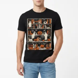Halloween Ghost Pumpkin Bookshelf Spooky Reader T-Shirt 8 Black tank top flatlay displaying the spooky Halloween bookshelf artwork with sheet ghosts, bats, and jack-o'-lanterns