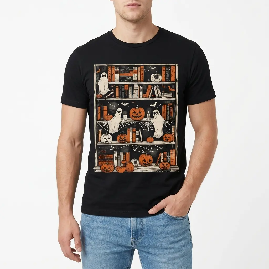Halloween Ghost Pumpkin Bookshelf Spooky Reader T-Shirt 3 Black tank top flatlay displaying the spooky Halloween bookshelf artwork with sheet ghosts, bats, and jack-o'-lanterns