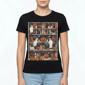 Halloween Ghost Pumpkin Bookshelf Spooky Reader T-Shirt 9 Man wearing the black Halloween Ghost Pumpkin Bookshelf T-Shirt with orange books, cobwebs, and cute ghosts across the chest
