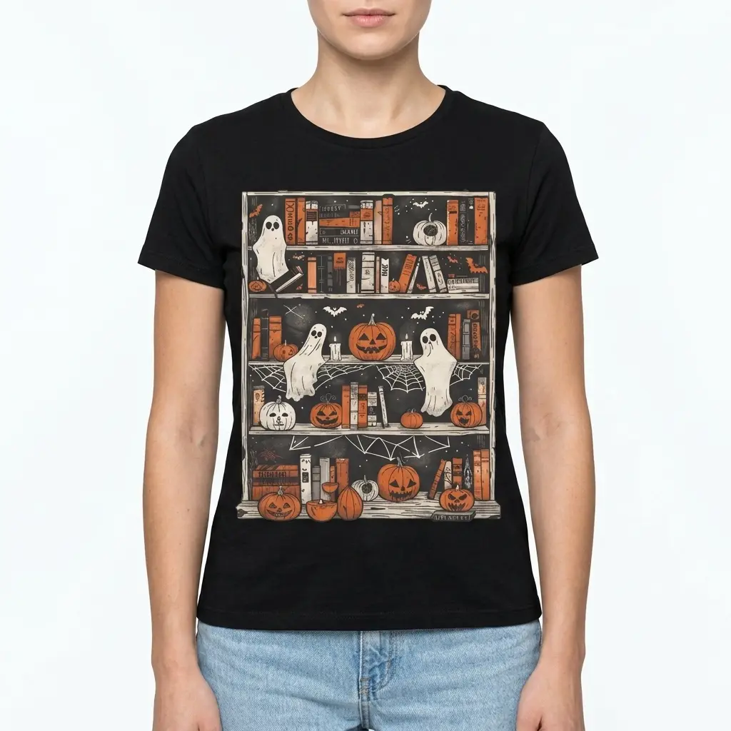 Halloween Ghost Pumpkin Bookshelf Spooky Reader T-Shirt 4 Man wearing the black Halloween Ghost Pumpkin Bookshelf T-Shirt with orange books, cobwebs, and cute ghosts across the chest