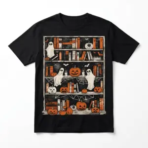 Halloween Ghost Pumpkin Bookshelf Spooky Reader T-Shirt flatlay on a black crew-neck tee showing ghosts and jack-o'-lanterns on book shelves