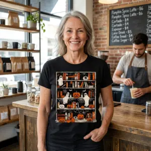 Halloween Ghost Pumpkin Bookshelf Spooky Reader T-Shirt 11 Everyday street look featuring the black Halloween Ghost Pumpkin Bookshelf Spooky Reader T-Shirt in natural light
