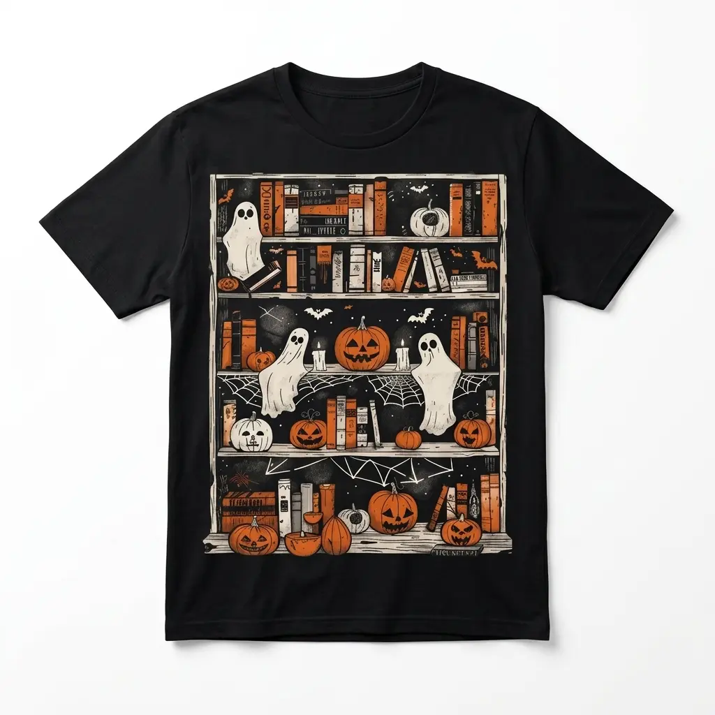 Halloween Ghost Pumpkin Bookshelf Spooky Reader T-Shirt 1 Halloween Ghost Pumpkin Bookshelf Spooky Reader T-Shirt flatlay on a black crew-neck tee showing ghosts and jack-o'-lanterns on book shelves