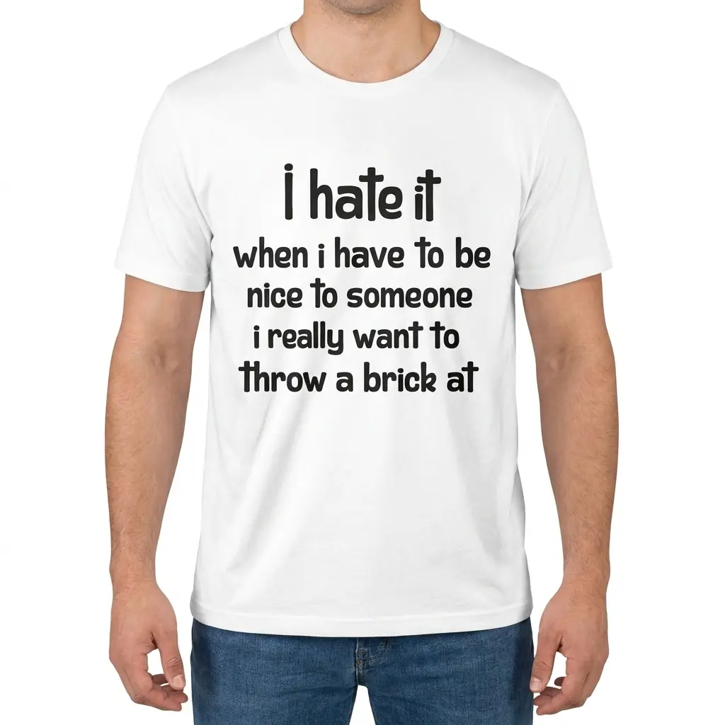 Man modeling the front of a shirt with bold black text about wanting to throw a brick.