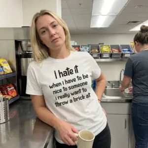Hate Being Nice to People I Want to Throw a Brick At T-Shirt 10 Lifestyle view of the hate being nice throw a brick shirt design with bold black lettering.