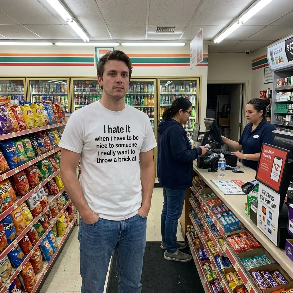 Lifestyle view of the graphic shirt design reading that being nice can be hard.