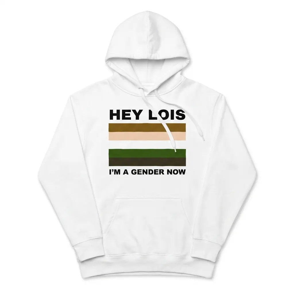 Hey Lois I'm A Gender Now Cartoon Color Flag Meme T-Shirt 2 Cozy pullover hoodie displaying white tee front print reading HEY LOIS IM A GENDER NOW with a five-stripe cartoon color palette flag