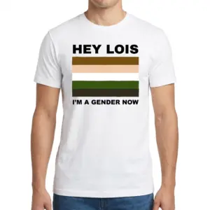 Hey Lois I'm A Gender Now Cartoon Color Flag Meme T-Shirt 9 Man wearing white graphic tee with white tee front print reading HEY LOIS IM A GENDER NOW with a five-stripe cartoon color palette flag