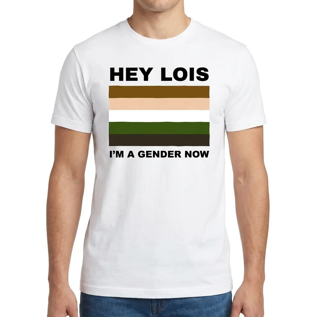 Hey Lois I'm A Gender Now Cartoon Color Flag Meme T-Shirt 4 Man wearing white graphic tee with white tee front print reading HEY LOIS IM A GENDER NOW with a five-stripe cartoon color palette flag