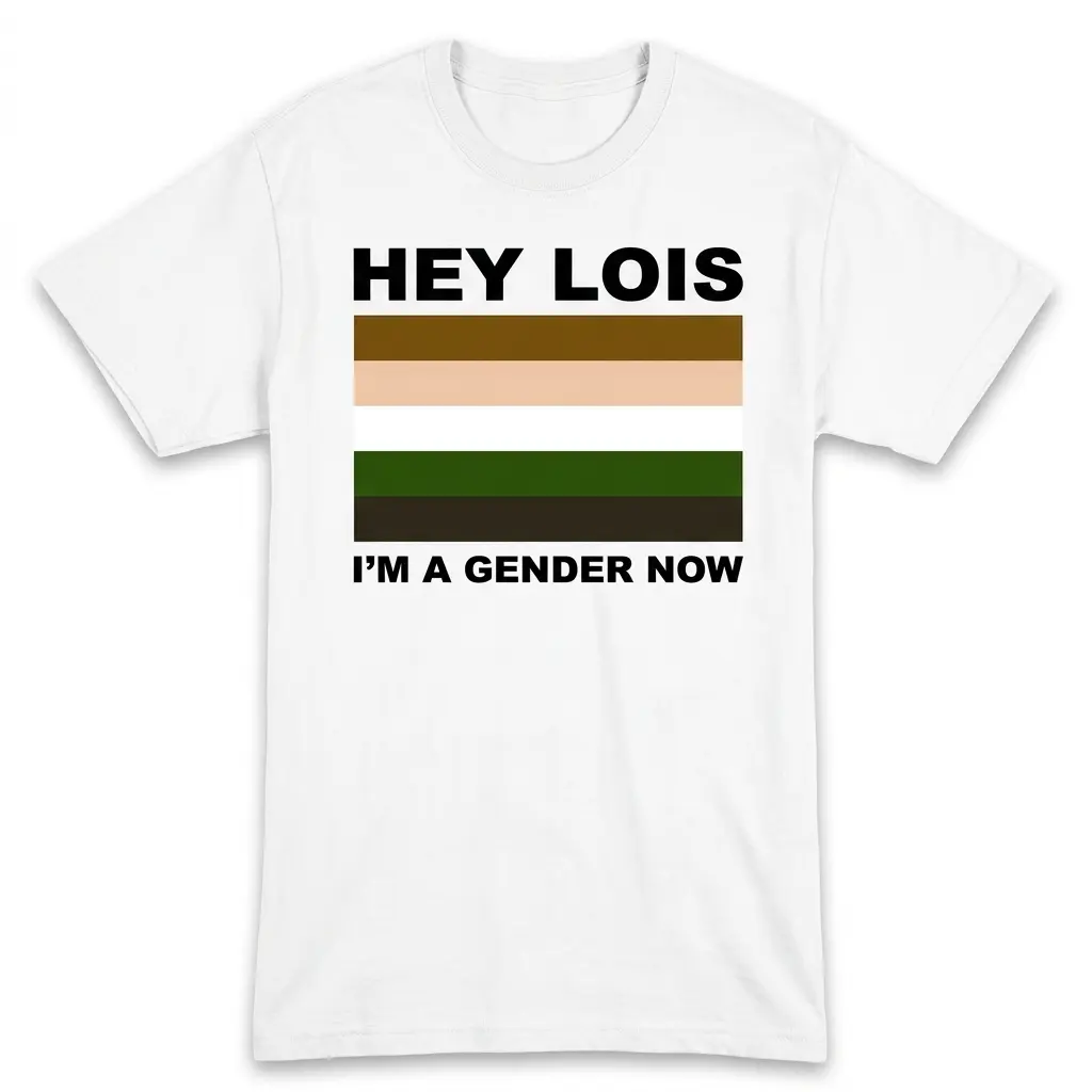 Hey Lois I'm A Gender Now Cartoon Color Flag Meme T-Shirt 1 Flatlay white t-shirt featuring white tee front print reading HEY LOIS IM A GENDER NOW with a five-stripe cartoon color palette flag