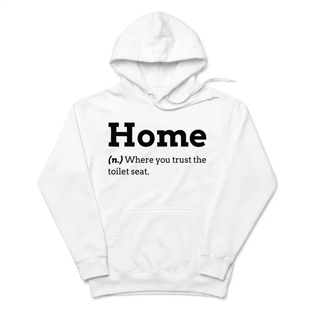 Home Where You Trust the Toilet Seat Dictionary T-Shirt 2 Cozy pullover hoodie displaying white tee front print reading Home (n.) Where you trust the toilet seat in black dictionary typography
