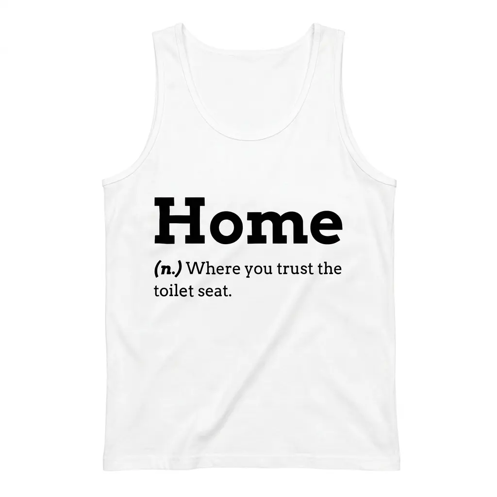 Home Where You Trust the Toilet Seat Dictionary T-Shirt 3 Sleeveless casual tank top with white tee front print reading Home (n.) Where you trust the toilet seat in black dictionary typography