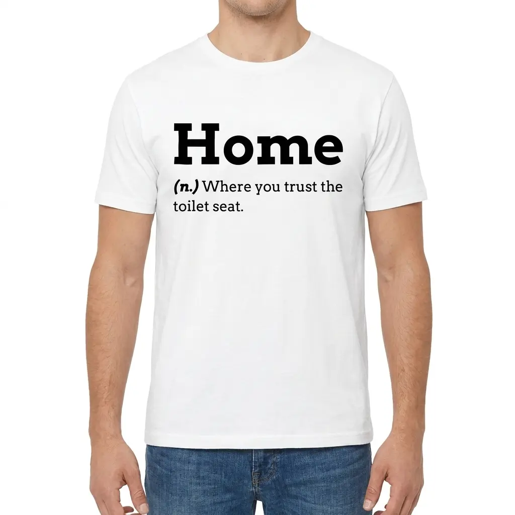 Home Where You Trust the Toilet Seat Dictionary T-Shirt 4 Man wearing white graphic tee with white tee front print reading Home (n.) Where you trust the toilet seat in black dictionary typography