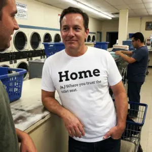 Home Where You Trust the Toilet Seat Dictionary T-Shirt 10 Everyday streetwear outfit styling white shirt with white tee front print reading Home (n.) Where you trust the toilet seat in black dictionary typography