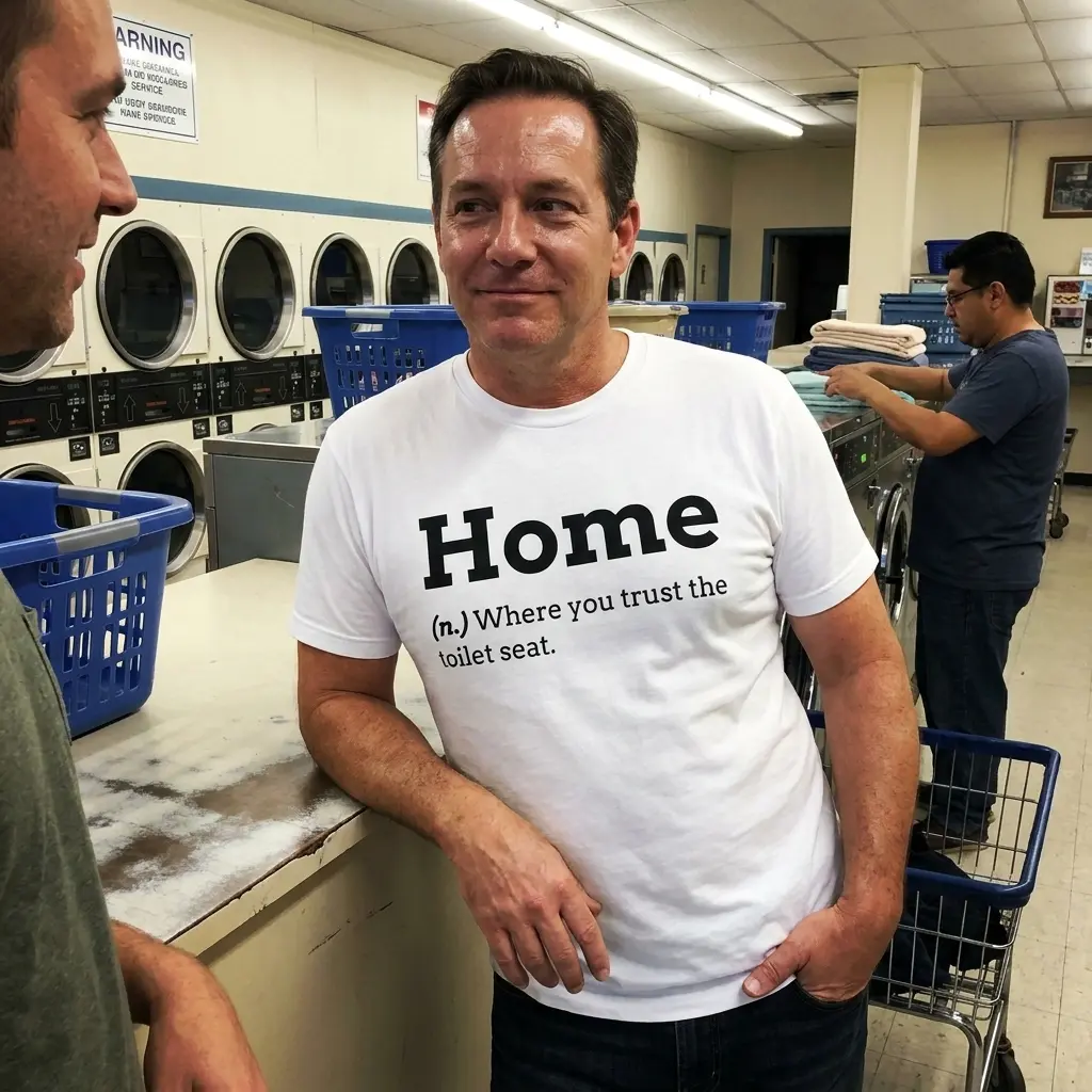 Home Where You Trust the Toilet Seat Dictionary T-Shirt 5 Everyday streetwear outfit styling white shirt with white tee front print reading Home (n.) Where you trust the toilet seat in black dictionary typography