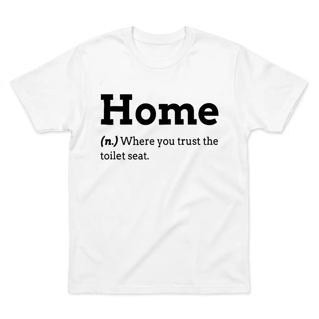 Home Where You Trust the Toilet Seat Dictionary T-Shirt 1 Flatlay white t-shirt featuring white tee front print reading Home (n.) Where you trust the toilet seat in black dictionary typography
