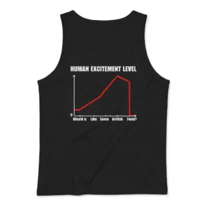 Human Excitement Level Would U Like British Food T-Shirt 8 Sleeveless casual tank top with black tee back print chart titled HUMAN EXCITEMENT LEVEL dropping to zero at Would u Like Some British Food