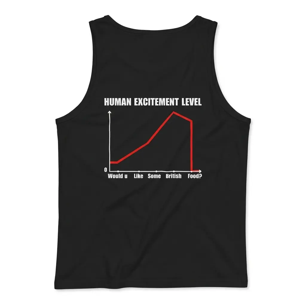 Human Excitement Level Would U Like British Food T-Shirt 3 Sleeveless casual tank top with black tee back print chart titled HUMAN EXCITEMENT LEVEL dropping to zero at Would u Like Some British Food