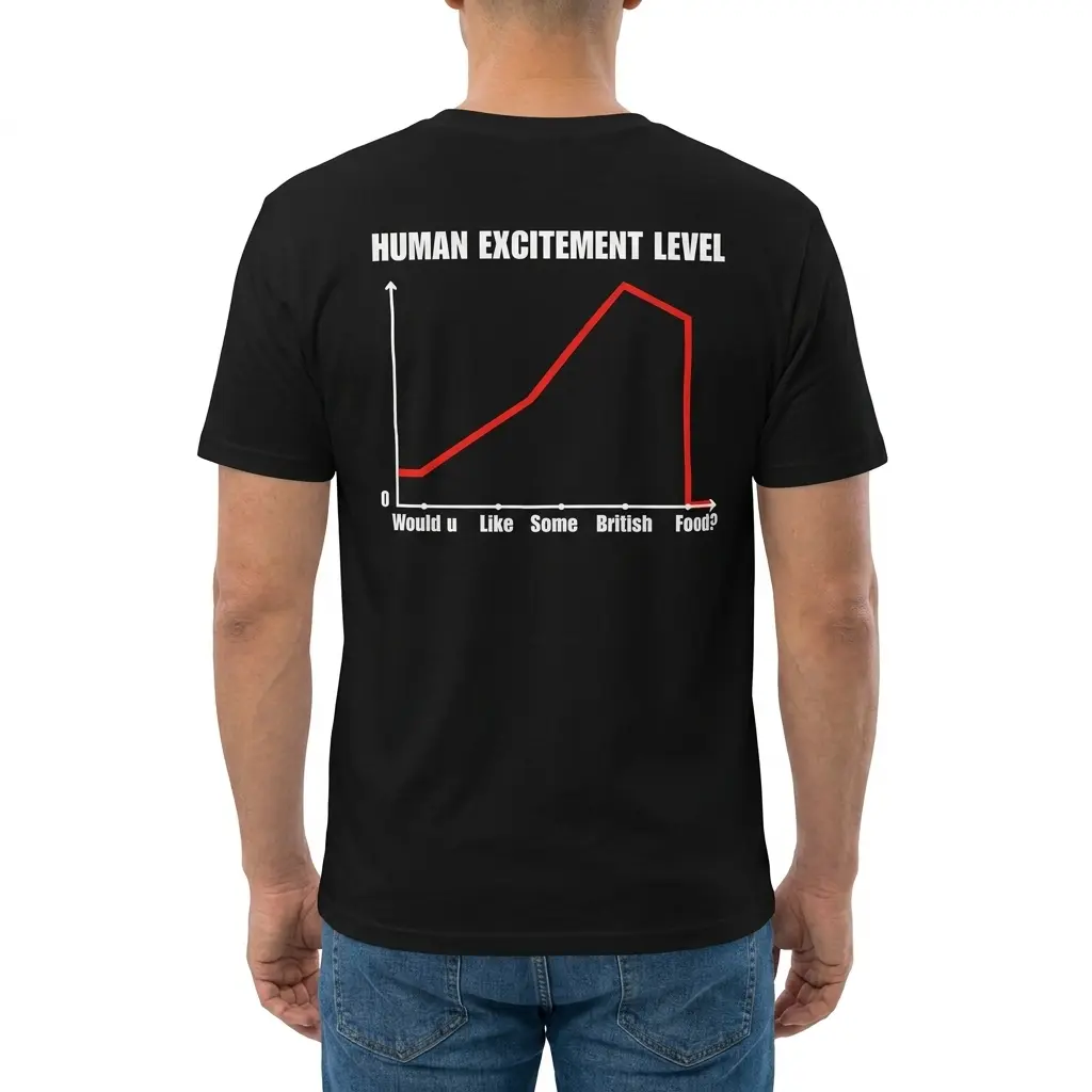 Human Excitement Level Would U Like British Food T-Shirt 4 Man wearing black graphic tee with black tee back print chart titled HUMAN EXCITEMENT LEVEL dropping to zero at Would u Like Some British Food
