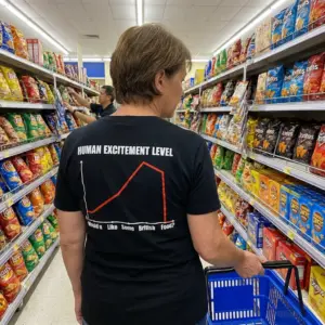 Human Excitement Level Would U Like British Food T-Shirt 11 Close-up casual look showcasing black tee and black tee back print chart titled HUMAN EXCITEMENT LEVEL dropping to zero at Would u Like Some British Food