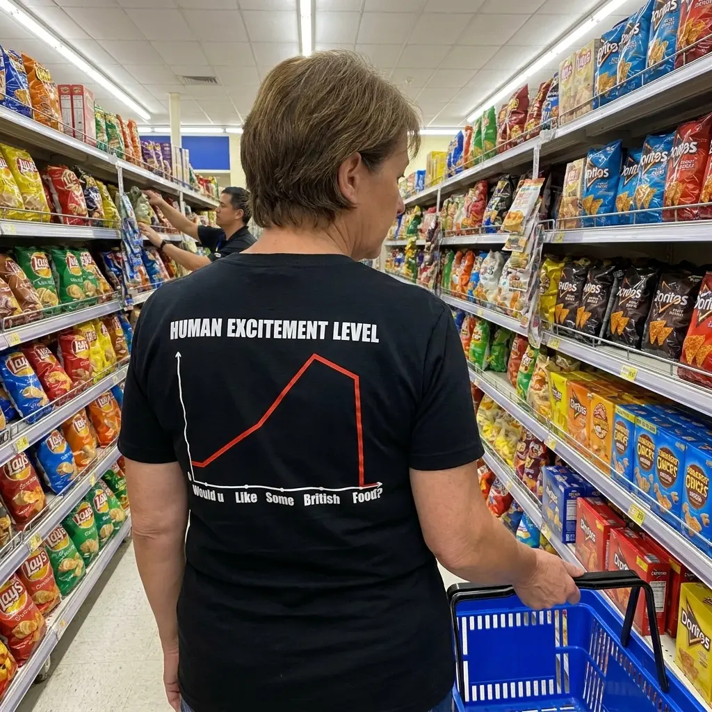 Human Excitement Level Would U Like British Food T-Shirt 6 Close-up casual look showcasing black tee and black tee back print chart titled HUMAN EXCITEMENT LEVEL dropping to zero at Would u Like Some British Food