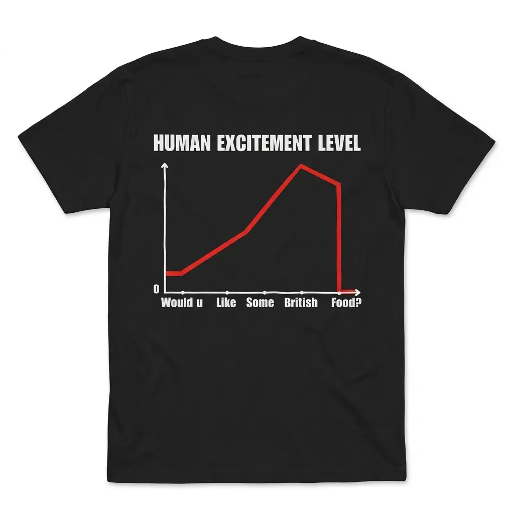 Human Excitement Level Would U Like British Food T-Shirt 1 Flatlay black t-shirt featuring black tee back print chart titled HUMAN EXCITEMENT LEVEL dropping to zero at Would u Like Some British Food