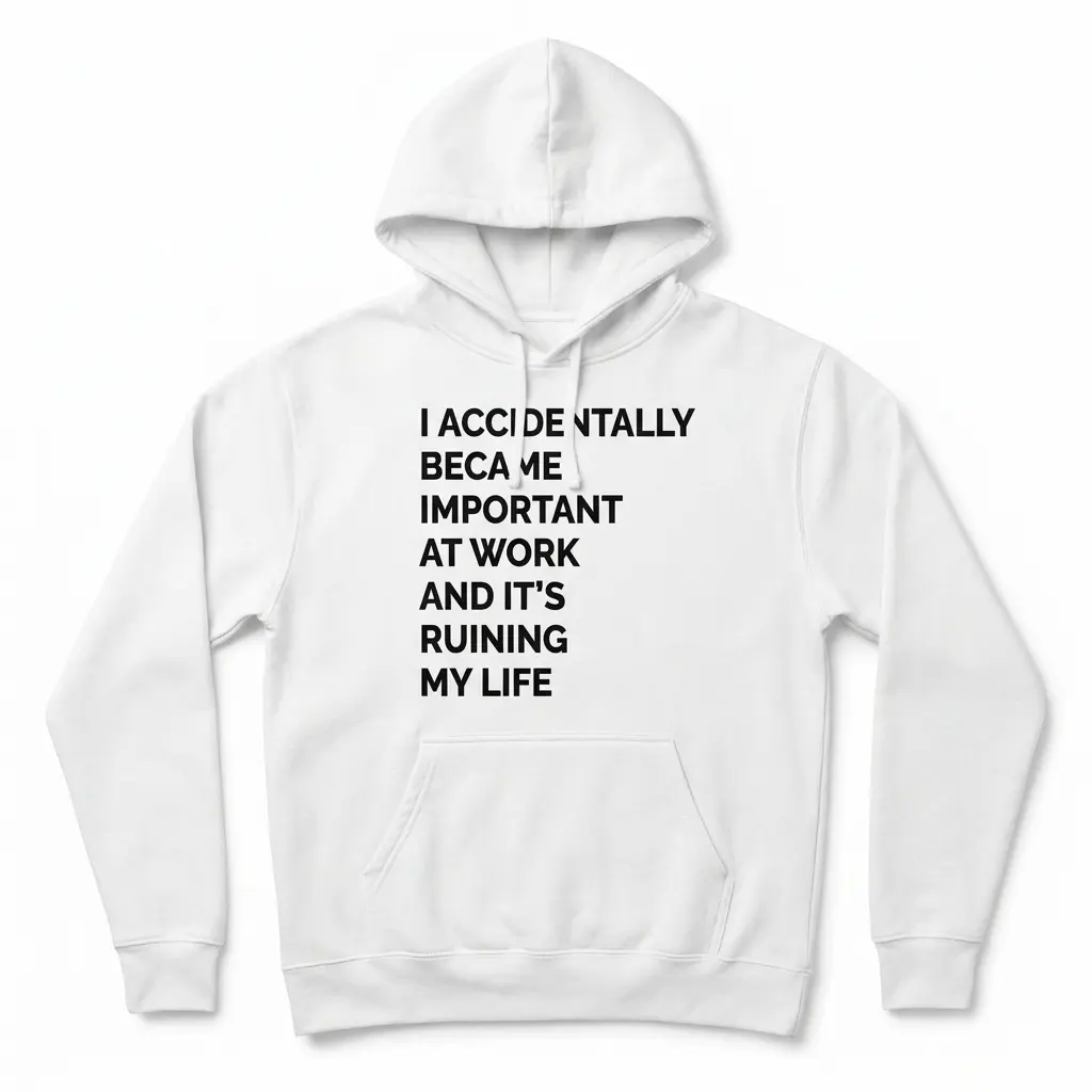 I Accidentally Became Important at Work Funny T-Shirt 2 White hoodie flat lay printed with bold text reading I Accidentally Became Important at Work and It's Ruining My Life.
