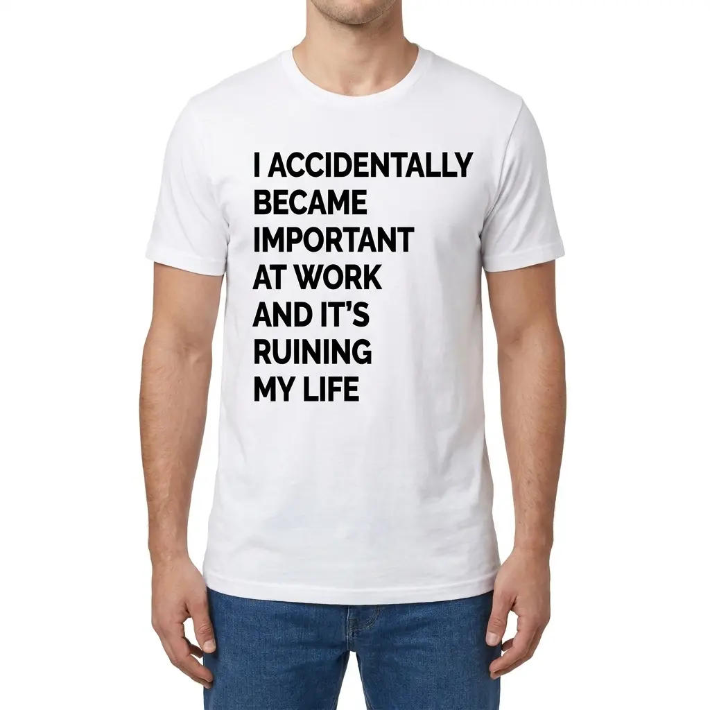 I Accidentally Became Important at Work Funny T-Shirt 4 Front view of a man wearing a white t-shirt that reads I Accidentally Became Important at Work and It's Ruining My Life.