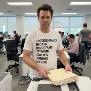 I Accidentally Became Important at Work Funny T-Shirt 10 Lifestyle shot of the accidentally important at work t-shirt worn in a casual setting.