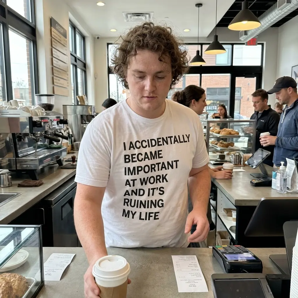 I Accidentally Became Important at Work Funny T-Shirt 6 Casual lifestyle view of the white graphic shirt with text reading I Accidentally Became Important at Work and It's Ruining My Life.